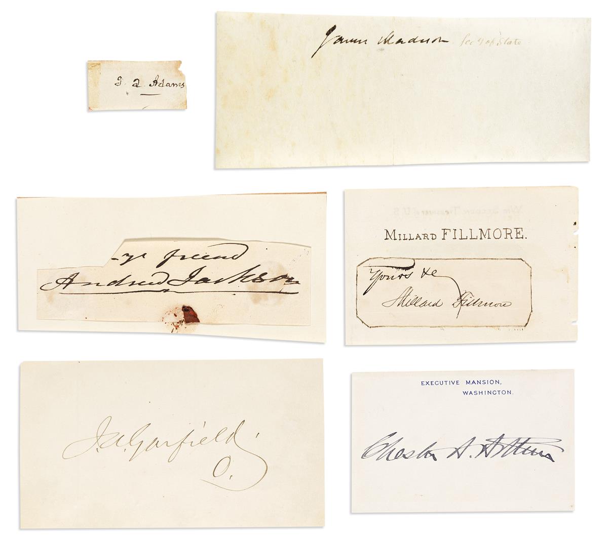 (PRESIDENTS.) Group of 11 Signatures, most clipped: James Madison * John Quincy Adams * Andrew Jackson * Millard Fillmore * James A. Ga